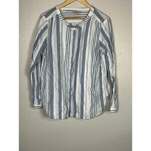 Loft top button up shimmery striped collarless blouse shirt women Size L n71